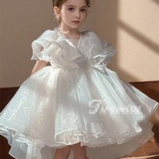 Kids Girls White Birthday Princess Dress Child Puffy Tulle Gown with Long Train