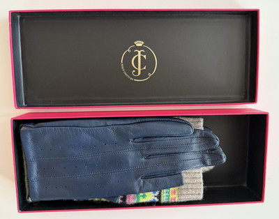 Juicy Couture TXT ME LEATHER GLOVES, NWOT in Orig Box,Blue & Multi-color,M and S