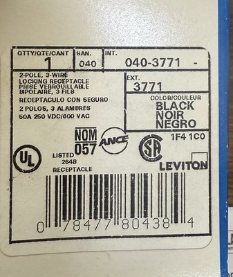 One New LEVITON 3771  50Amp, 600V AC 2P, 3W Locking Flush Mount Receptacle BLACK