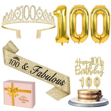 100th Birthday Decorations Women Gold with Crown and Sash, Candles and Cake T...