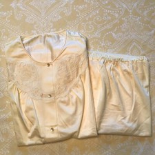 NEW Shadowline 2pc Pajama set yellow nylon sheer lace top  pants USA Made Sz 34