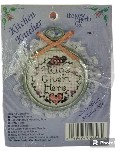 Vtg New Berlin Kitchen Katcher Hugs Given Here Cross Stitch Magnet Kit Easy Gift