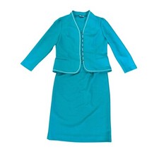 Vintage Marty Gutmacher 1960s Skirt Suit Set Teal White Trim Button Front Smal
