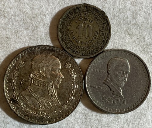 MEXIKO MÜNZEN LOT: 1956, 10 CENTAVOS; 1965 UN PESO; 1987 500 PESO - Bild 1 von 2