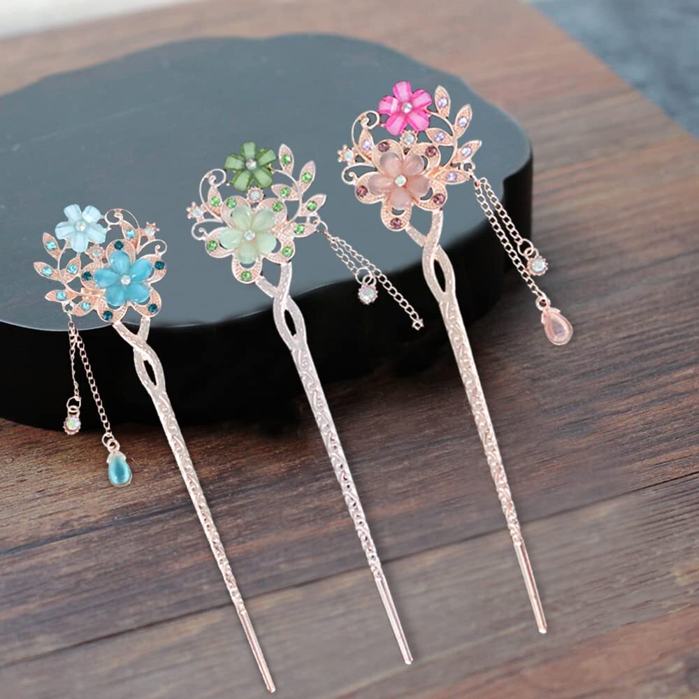 5 Colors Chinese Flower Hair Sticks Retro Glitter Rhinestone Hairpin Tassel