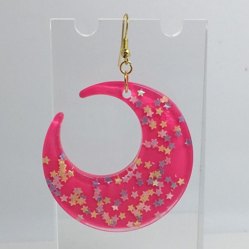 Large crescent moon earrings, Star Glitte , Acrylic Earrings - Picture 23 of 60