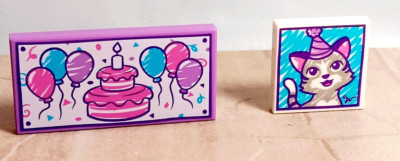 New LEGO Birthday Balloons Cake Kitty Portrait Celebration Lot of 2 Printed Tile