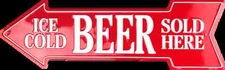 ICE COLD BEER SOLD HERE EMBOSSED METAL ARROW SIGN MAN CAVE SPORTS ROOM BAR