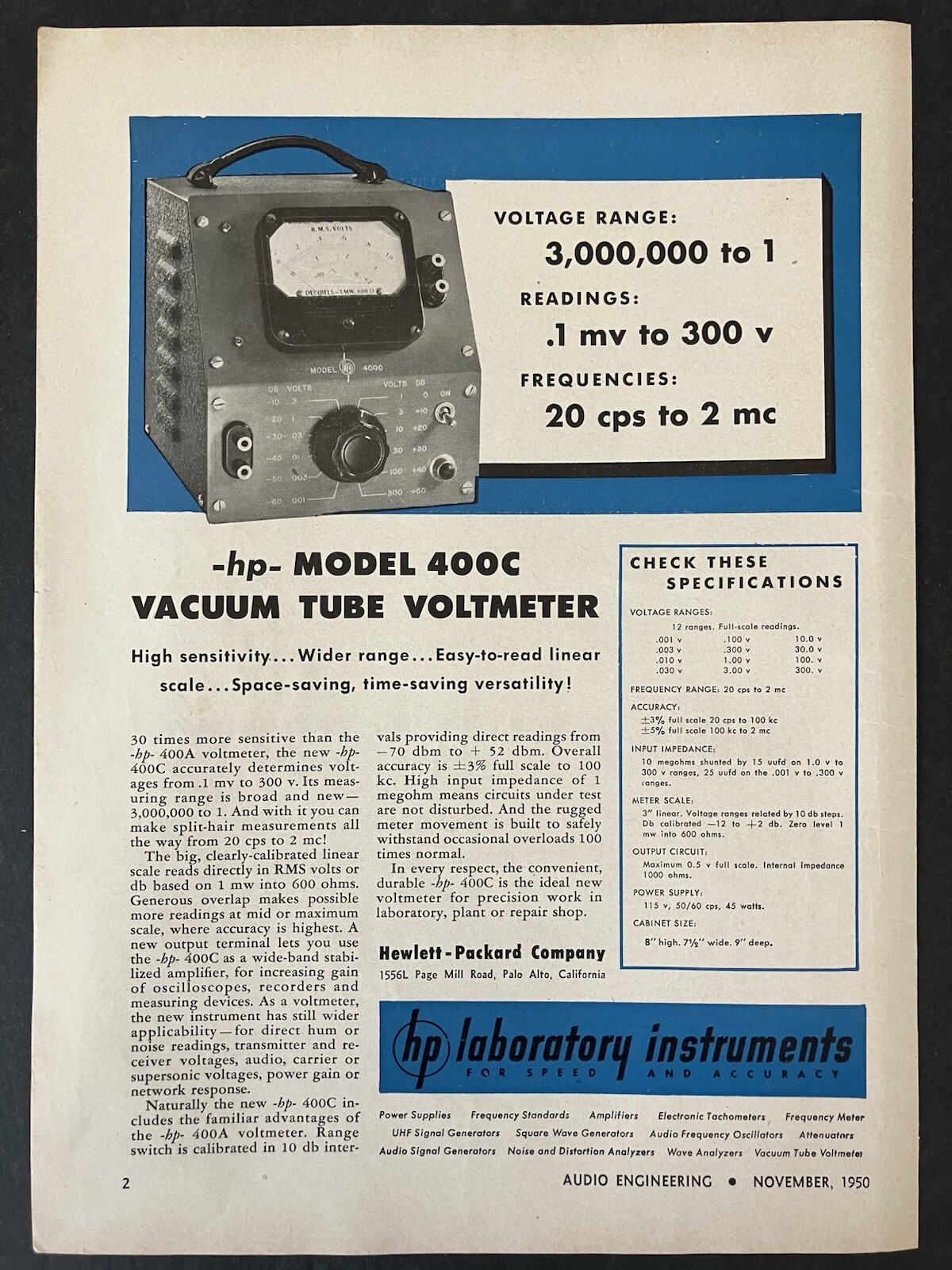 1950 Hewlett-Packard Company Model 400c Vacuum Tube Voltmeter Vintage Print Ad