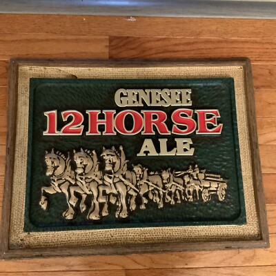GENESEE 12 Horse Ale Plastic Beer Sign Vtg Wood Look Advertising Euc Rare