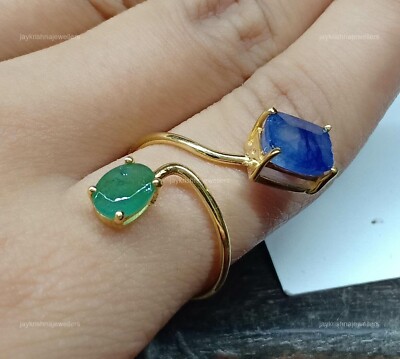 Saphir Mit Smaragd Cocktail Ring,925 Silber Handgemacht Zacken Fassung Thin Ring