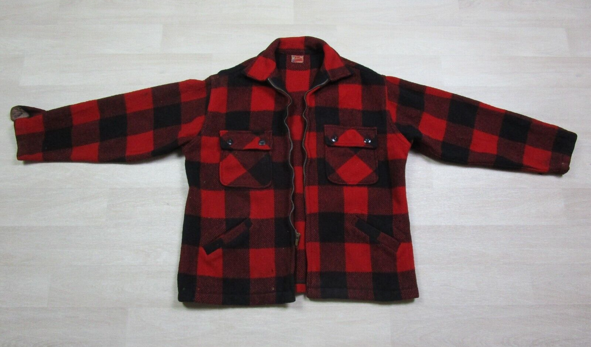BUFFALO NICKEL ネイティブ柄赤黒ジャケット USA製 Vintage 1950's Buffalo Plaid Wool Flannel Zip-Up Shacket