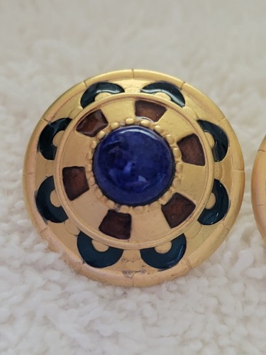 Royal Egyptian Enamel Pierced Earrings W Lapis Cabochon Center Soft Gold Finish - Picture 7 of 12