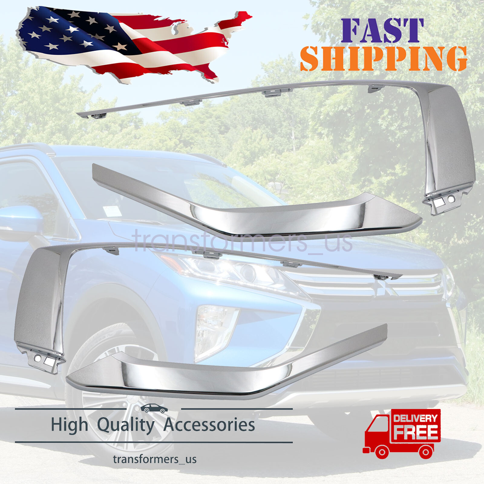 For 2019-21 Mitsubishi Eclipse Cross Front Bumper Chrome Molding Trim Cover Pair
