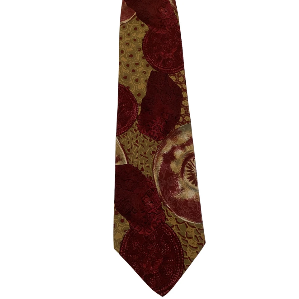 ENRICO COVERI мужской шелковый галстук Италии дизайнерский геометрический бордовый/зеленый EUC редкая - Изображение 2 из 3