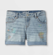 Cat  Jack Girls XXL 18 Embroidered Jean Shorts Blue Rolled Hem