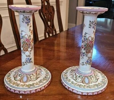 Pair Longwy Pottery Candlesticks  Pink Floral Musical Instruments Renaissance