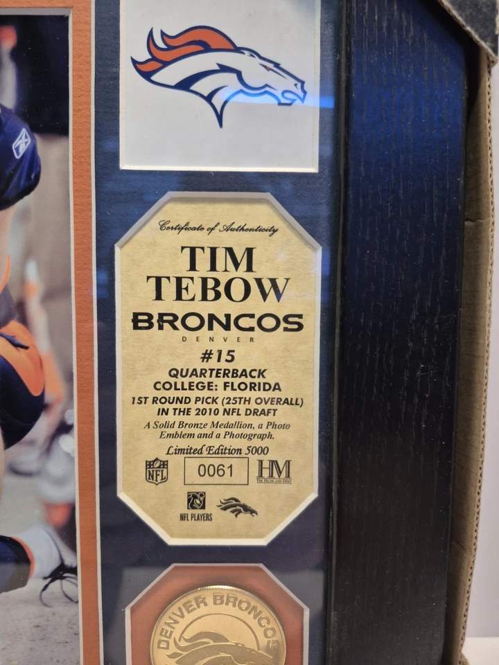 Tim Tebow Commemorative Wall Display Highland Mint Certifed Denver Bronco #0061 - Image 2 of 2