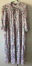 M&S Dress 16 Soft Floaty Loose Pink Blue Cream with Slip Ruffle Neck Midi