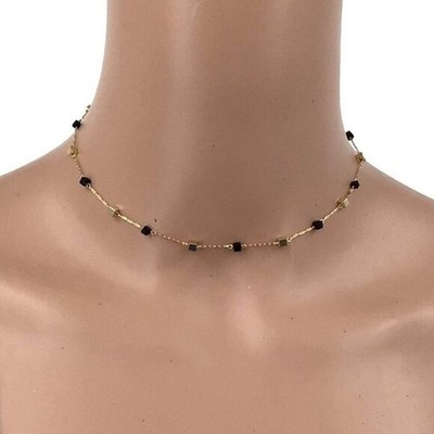 Choker Necklace Dainty Minimalist Style Gold Tone Black Beaded Womens Jewelry