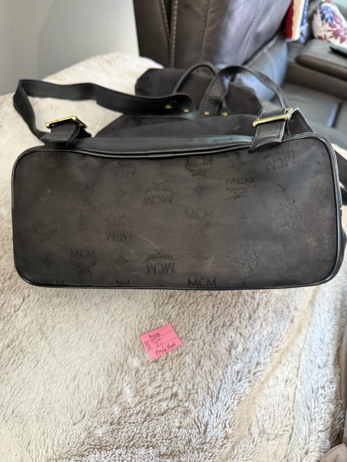 MCM Black Monogram Backpack Drawstring Buckle Zip Gold Hardware Inner Pockets — image 7