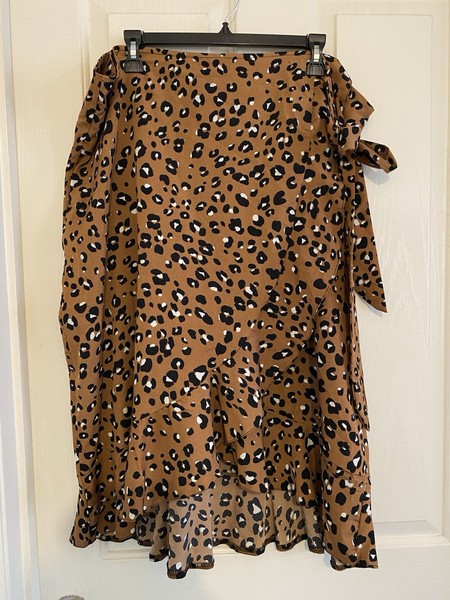 AX Paris Women's Brown Leopard Animal Print Wrap Midi Skirt 22 Ruffle Zip
