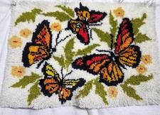 Vintage Latch Hook Rug 35x24 Butterflies Flowers Retro 70's Orange Yellow