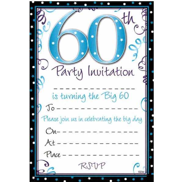 Happy 60th Birthday Invitations x20 Party Envelopes Guest Invite Blue Big 60 Fun