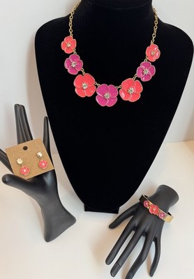 Kate Spade Flutter Pink Orange Flowers Gold Tone Necklace Earrings AND Bracelet