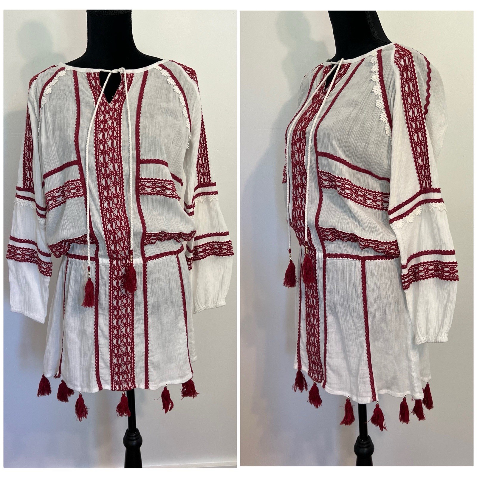 Dodo Bar Or Boho Mini Dress Lace Tassels Drop Waist White Red Women’s Size S