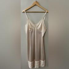 Vintage Nylon Full Slip   Champagne Beige, Lace Trim, Adjustable Straps Sz L