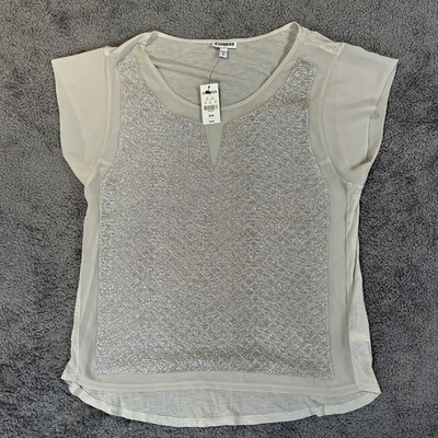 NWT Women s Express Shimmer Short Sleeve Top Size M Silver & Nude/Cream Party