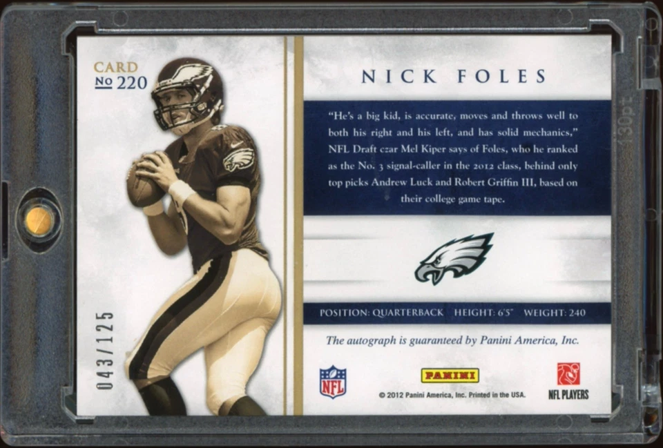 Nick Foles 2012 Panini Rookie Letter Patch On Card Auto /125 Eagles RARE - Image 2 of 2