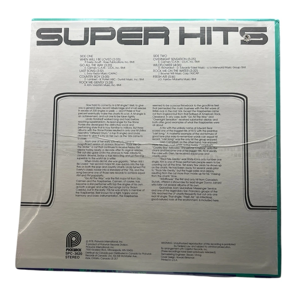 Super Hits (1973, Pickwick) VINYL LP Various Artists - Raspberries, Ronstadt NEW - Image 2 of 4