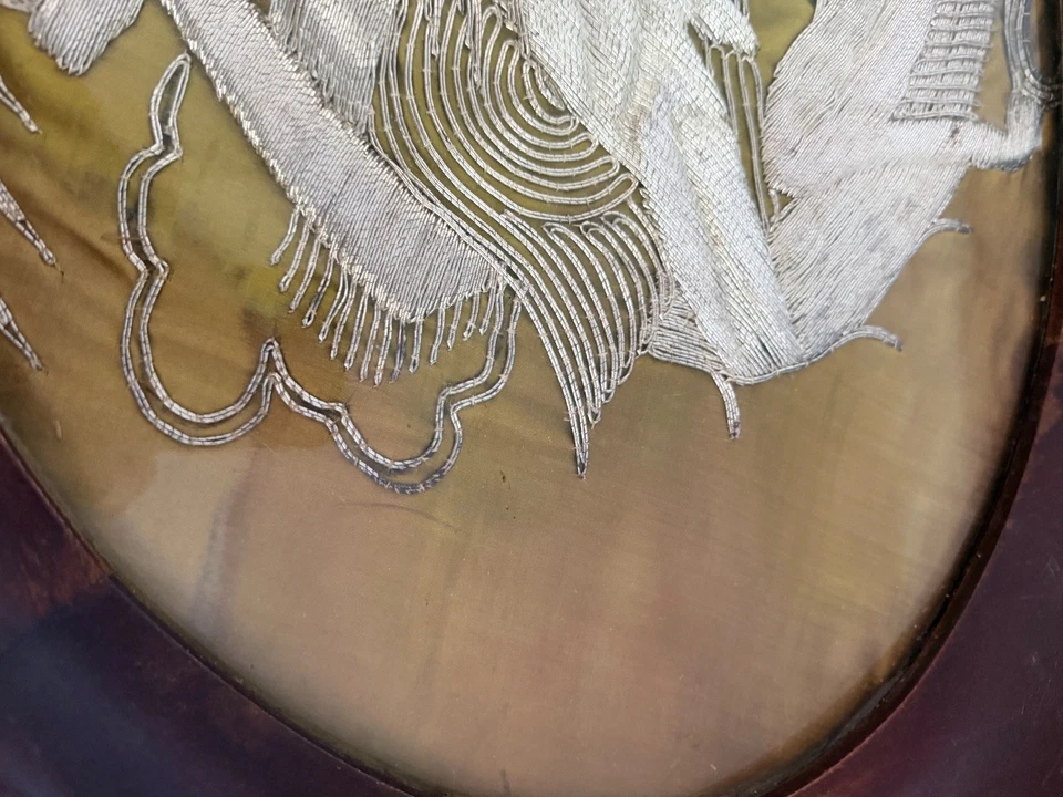 Vintage Embroidered Silk Gold Thread Dragon Antique 24”x16” oval frame - Image 3 of 4