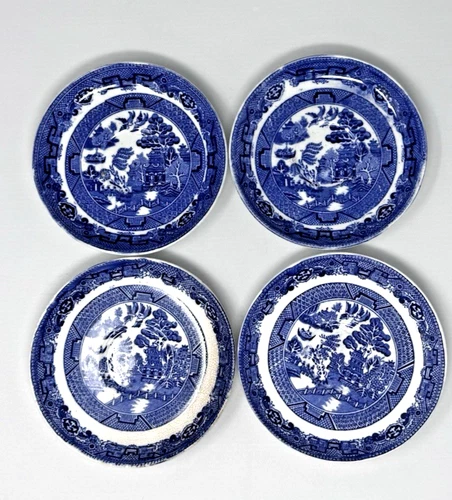 ANTIQUE 4 FLOW BLUE WILLOW BY ALLERTON'S BREAD / DESSERT PLATES MADE IN ENGLAND