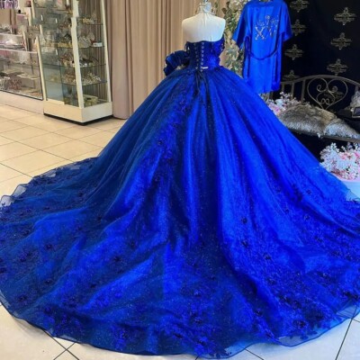 Royal Blue Quinceanera Dresses Glitter Crystal 3D Flowers Ball Gowns Sweet 15 16
