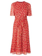 L.K. BENNETT US 10 EVE CRANBERRY SHORT SLEEVE SILK W/METALLIC ACCENT MIDI DRESS