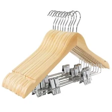 Wooden Suit Hangers with Adjustable Metal Clips 10 Pack Solid Smooth Wood Clo...