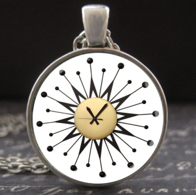 Vintage MCM Starburst Wall Clock Necklace Mid Century Atomic Era Art Pendant New