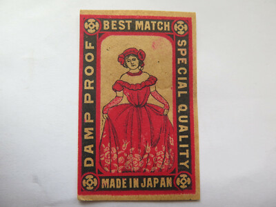 DAMP PROOF MATCHES MATCH BOX LABEL NORMAL SIZE c1920 MADE JAPAN LADY LONG DRESS