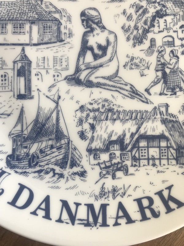 Danmark Denmark MERMAID Plate Vintage ships harbor nautical blue and white