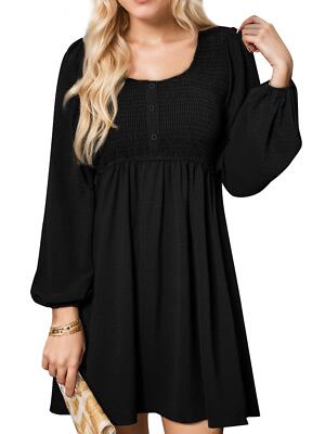 Womens Casual Dress Smocked Crewneck Button Up Long Sleeve Mini Dress NEW |  eBay