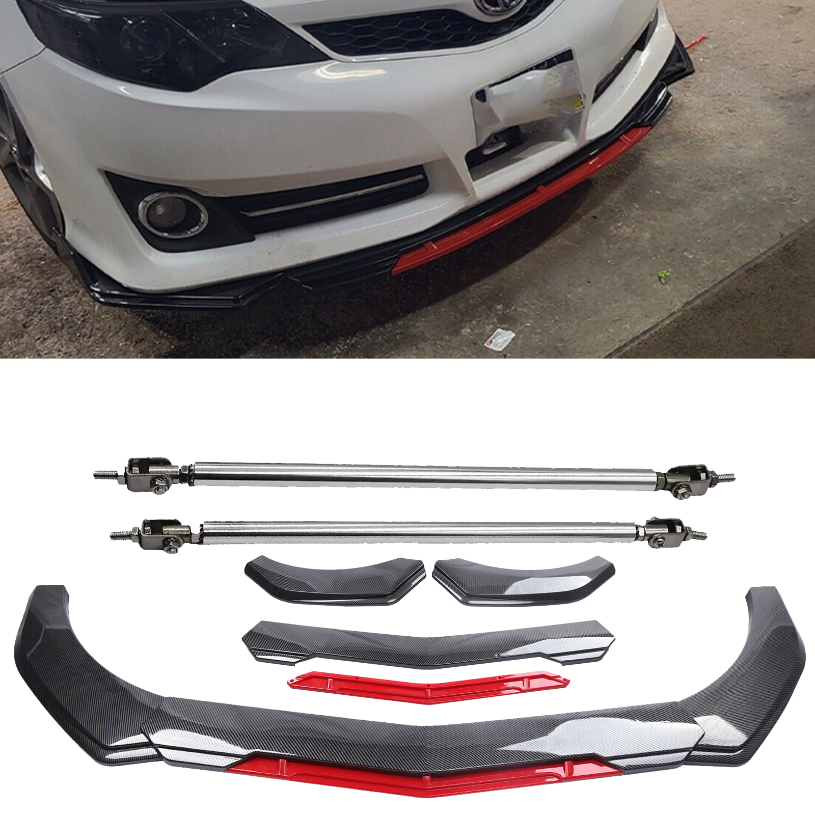 Front Bumper Lip Spoiler Splitter Strut Rod Carbon Fiber For toyota camry