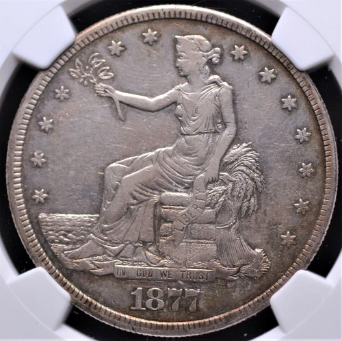 1877 S TRADE DOLLAR NGC CHOICE EXTREMELY FINE 45 LIGHT COIN SILVER GREY AMBER