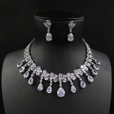 Luxury All CZ Cubic Zirconia Necklace Earrings Set Wedding Party Pageant Prom