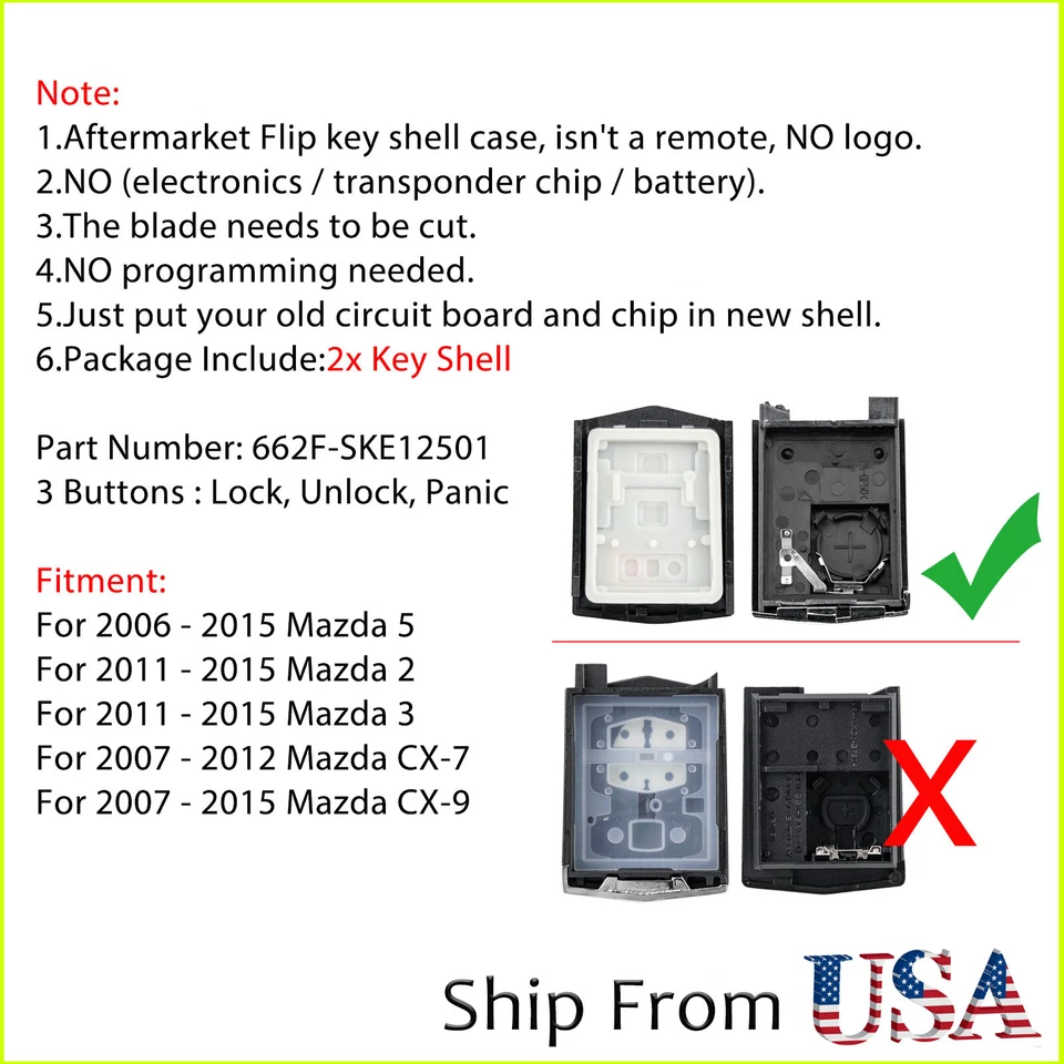 2 Para Mazda 5 CX-7 CX-9 2007 2008 2009 2010 2011 2012 Mando a distancia Llavero Carcasa Estuche Foto 2 de 4