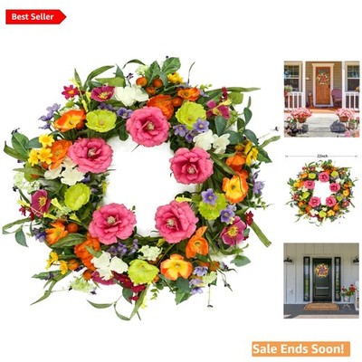 Artificial Spring Summer Wreath for Front Door 22 Inch Colorful Floral Decor