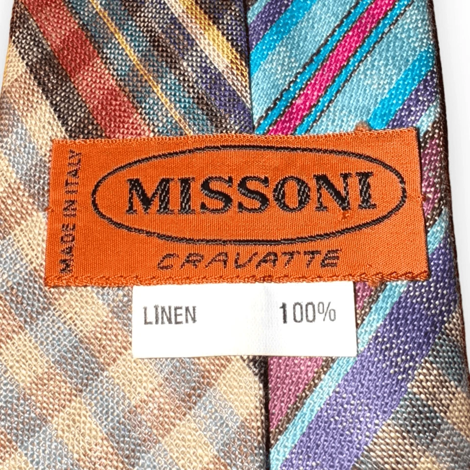 Missoni Multicolored Check Handmade in Italy 100% Linen Tie - Image 3 of 4