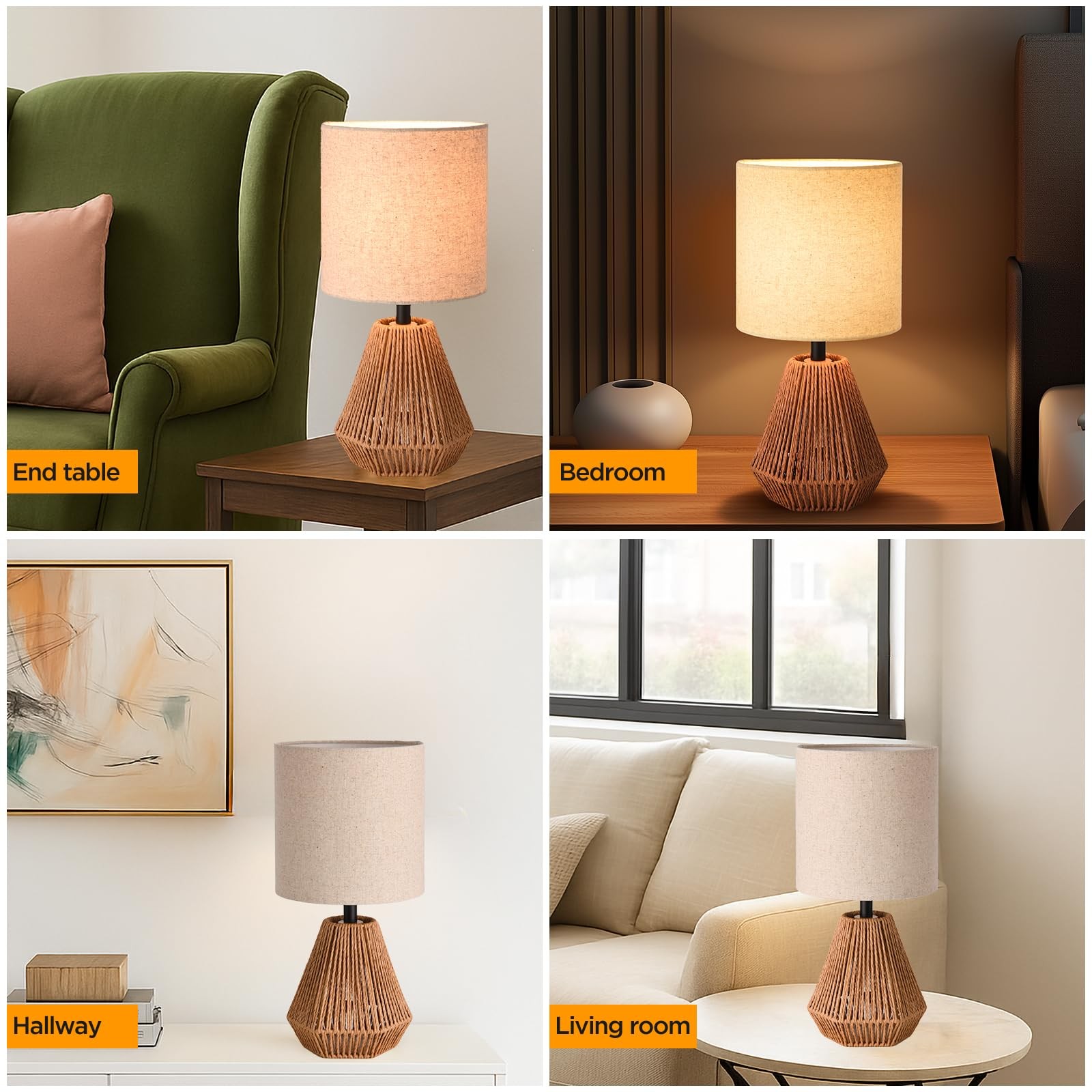 Boho Table Lamp with Linen Drum Shade, 14.17” Bedside Lamp with E26 Rattan Ba...